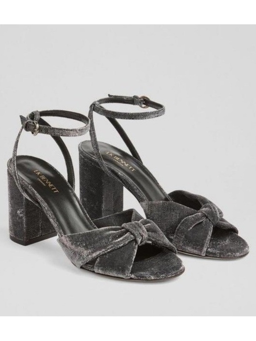 New LK Bennett Lucie Block Heel Sandals in Gunmetal Fabric Size 39 / US 9